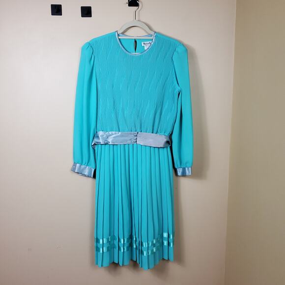 Vintage 70's Secretary Long Sleeve Tie Waist Dress in Teal Size 12 - Picture 1 of 12